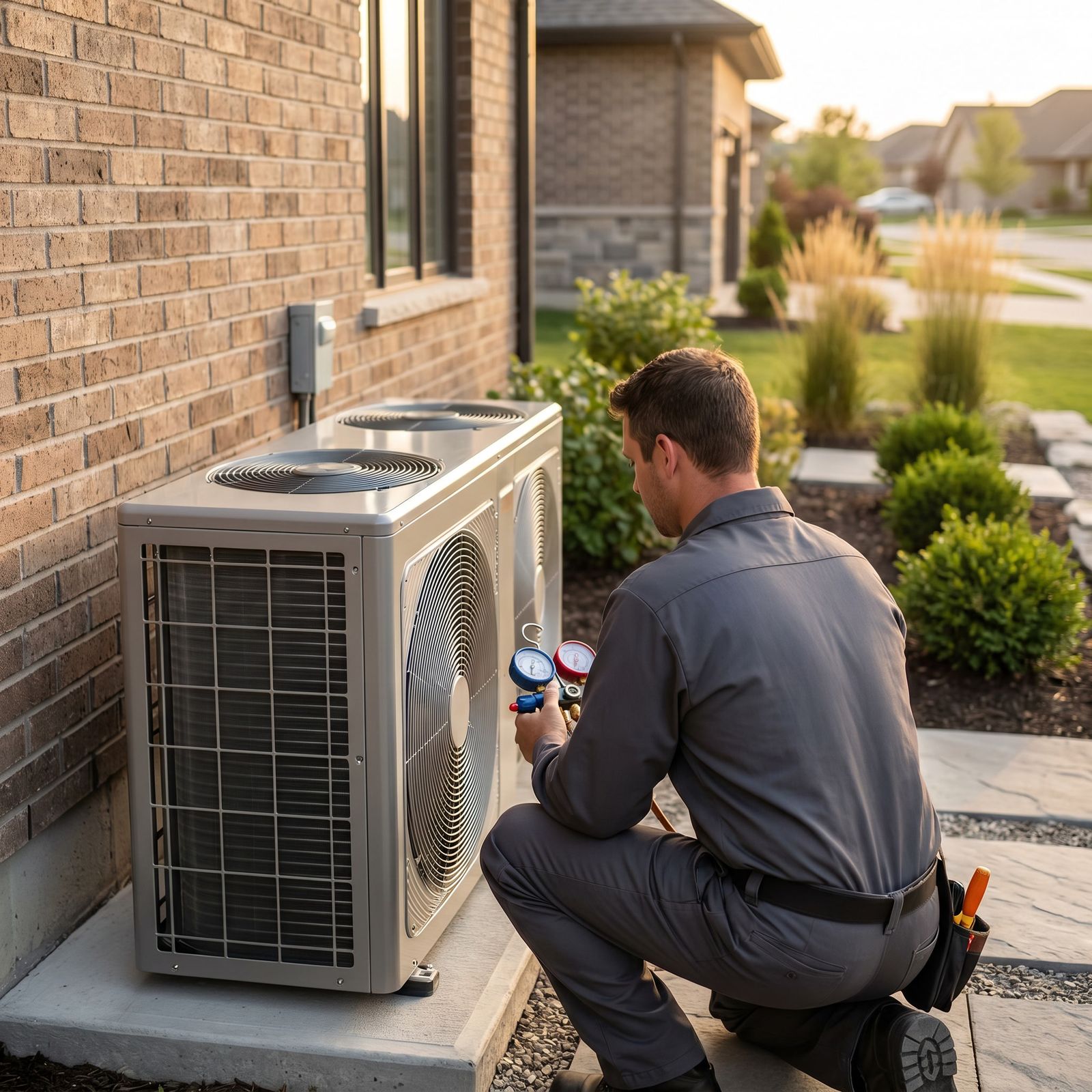 Hernandez Heating & Air technician servicing a home air conditioning unit