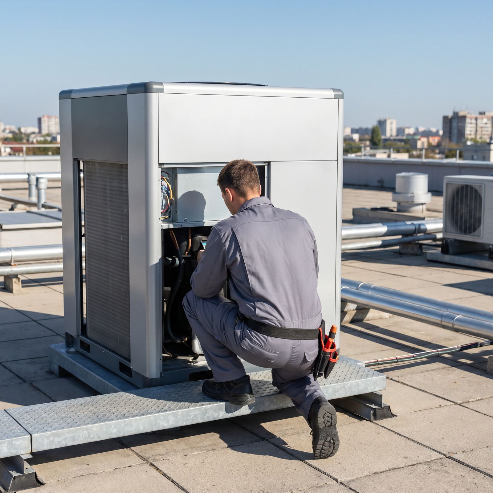 Hernandez Heating & Air technician servicing a commercial rooftop HVAC unit
